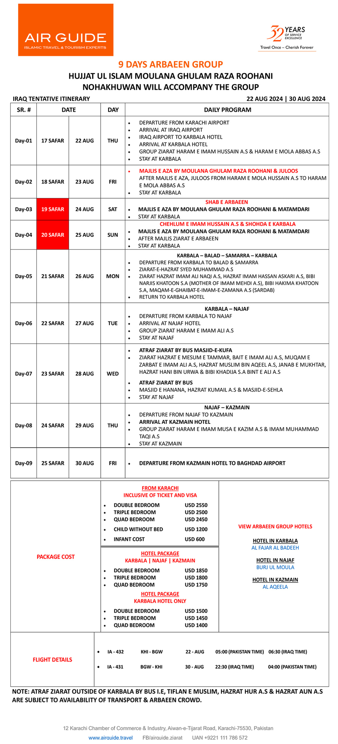 Arbaeen 9 Days Package 2025 AIRGUIDE. Pakistan.